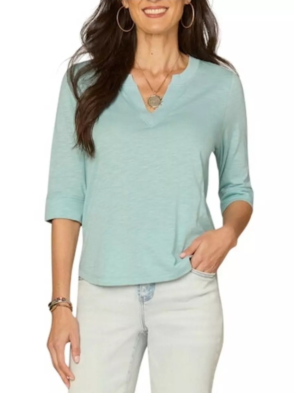 Elbow Roll Cuff Sleeve Split V Neck Surplus Hem Knit Top Aqua Medium